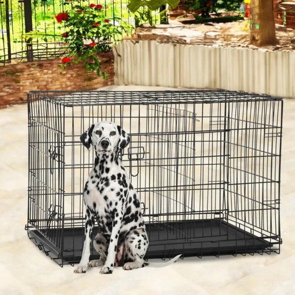 48" Black Pet Dog Crate -foldable Double Doors and a Tray